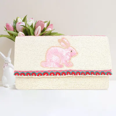 Fashnzfab Sequin Easter Bunny Seed Beaded Clutch / Crossbody Bag In White
