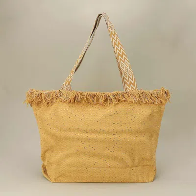 Fashnzfab Sequin Embellished Large Woven Frayed Shoulder Tote Bag In Green