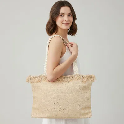 Fashnzfab Sequin Embellished Large Woven Frayed Shoulder Tote Bag In Multi