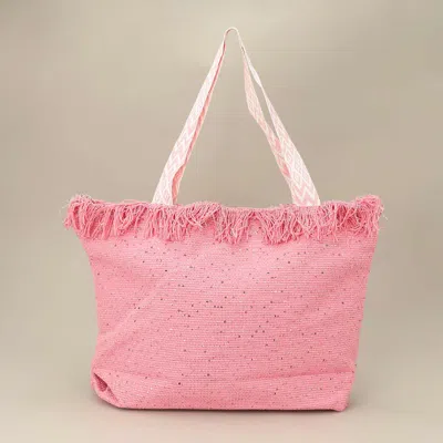 Fashnzfab Sequin Embellished Large Woven Frayed Shoulder Tote Bag In Pink