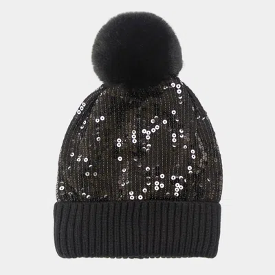 Fashnzfab Sequin Embellished Pom Pom Beanie Hat In Black
