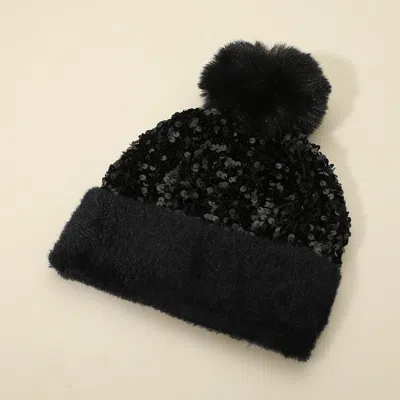 Fashnzfab Sequin Embellished Pom Pom Beanie Hat In Black