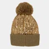 Fashnzfab Sequin Embellished Pom Pom Beanie Hat In Brown
