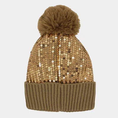 Fashnzfab Sequin Embellished Pom Pom Beanie Hat In Brown