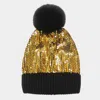 Fashnzfab Sequin Embellished Pom Pom Beanie Hat In Gold