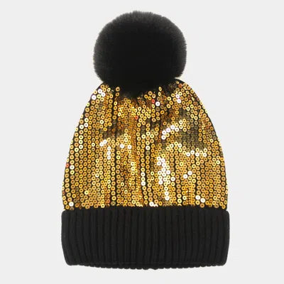 Fashnzfab Sequin Embellished Pom Pom Beanie Hat In Gold