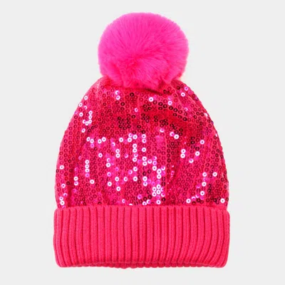 Fashnzfab Sequin Embellished Pom Pom Beanie Hat In Pink