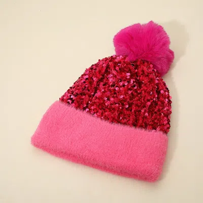 Fashnzfab Sequin Embellished Pom Pom Beanie Hat In Red