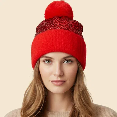 Fashnzfab Sequin Embellished Pom Pom Beanie Hat In Red