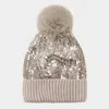 Fashnzfab Sequin Embellished Pom Pom Beanie Hat In Sand