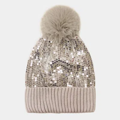 Fashnzfab Sequin Embellished Pom Pom Beanie Hat In Sand