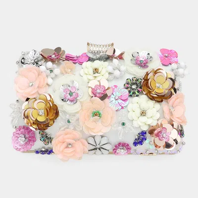 Fashnzfab Sequin Flower Embellished Clutch / Evening Bag In Silver