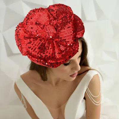 Fashnzfab Sequin Flower Fascinator / Pin Brooch / Hair Band / Headband In Red