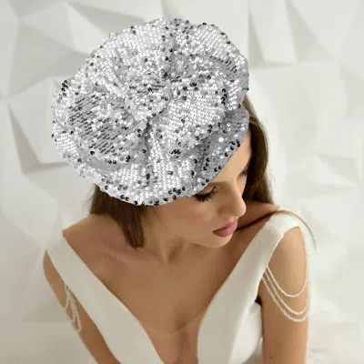 Fashnzfab Sequin Flower Fascinator / Pin Brooch / Hair Band / Headband In Silver