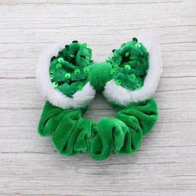 Fashnzfab Sequin Fuzzy Christmas Bow Scrunchie Hairband In Green