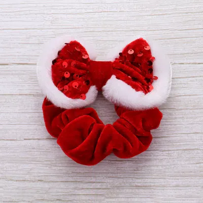 Fashnzfab Sequin Fuzzy Christmas Bow Scrunchie Hairband In Red