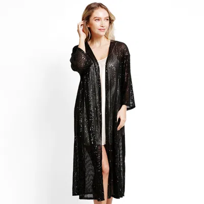 Fashnzfab Sequin Long Cover-up Kimono Poncho In Black