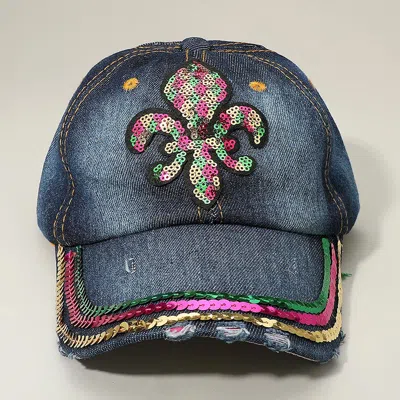Fashnzfab Sequin Mardi Gras Fleur De Lis Patch Baseball Cap In Blue