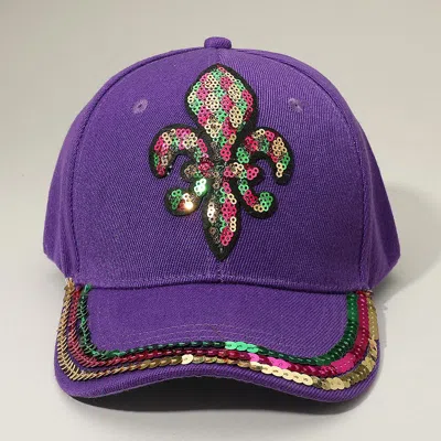 Fashnzfab Sequin Mardi Gras Fleur De Lis Patch Baseball Cap In Purple