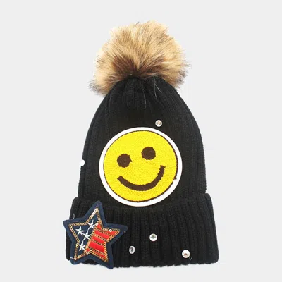 Fashnzfab Sequin Smiley Face & American Flag Star _ Patch Beanie Hat With Pom Pom In Black