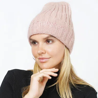 Fashnzfab Sequin Stripe Knit Beanie Hat In Beige