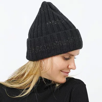 Fashnzfab Sequin Stripe Knit Beanie Hat In Black