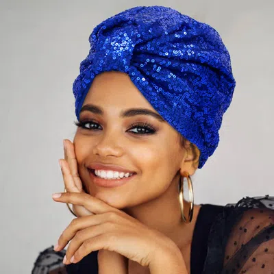 Fashnzfab Sequin Twist Statement Turban Hair Wrap In Blue