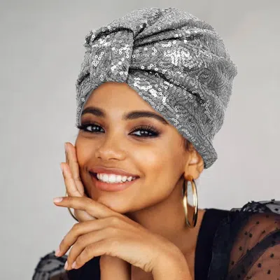 Fashnzfab Sequin Twist Statement Turban Hair Wrap In Gray