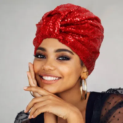 Fashnzfab Sequin Twist Statement Turban Hair Wrap In Red