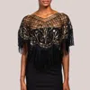 Fashnzfab Sequined Beaded Tassel Fringe Cape Poncho In Black