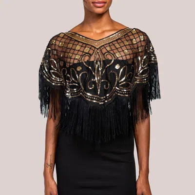 Fashnzfab Sequined Beaded Tassel Fringe Cape Poncho In Black