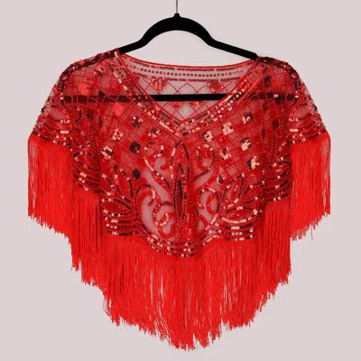 Fashnzfab Sequined Beaded Tassel Fringe Cape Poncho In Red