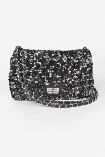 Fashnzfab Sequins Flap Shoulder Bag In Black
