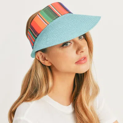 Fashnzfab Serape Straw Visor Sun Hat In Blue