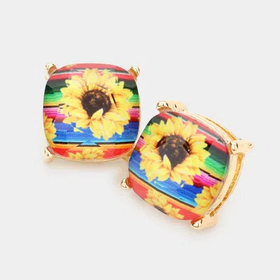 Fashnzfab Serape Sunflower Printed Square Stud Earrings - Multi In Blue