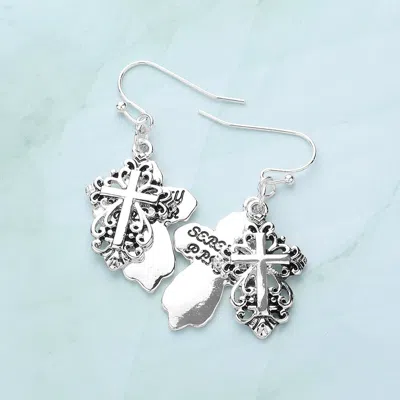 Fashnzfab Serenity Prayer Message Double Metal Cross Dangle Earrings - Antique Silver In Multi