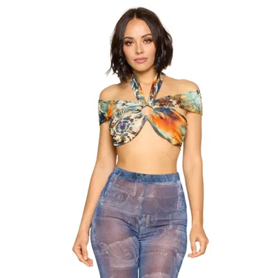 Fashnzfab Sexy Crop Halter Top, Self-tie In Multi