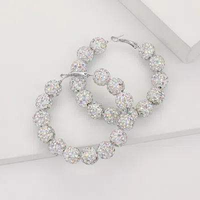 Fashnzfab Shamballa Ball Beaded Hoop Earrings - Ab, Silver