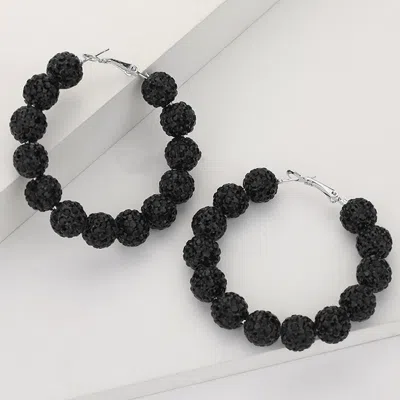 Fashnzfab Shamballa Ball Beaded Hoop Earrings - Black
