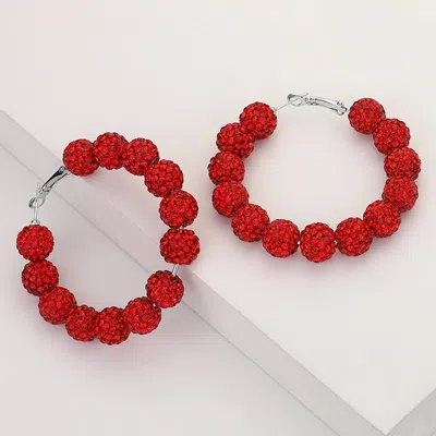 Fashnzfab Shamballa Ball Beaded Hoop Earrings - Red