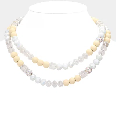 Fashnzfab Shamballa Wood Ball Faceted Beaded Double Layered Necklace In White