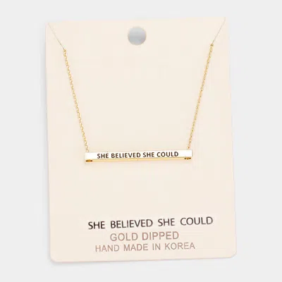 Fashnzfab 'she Believed She Could' Horizontal Metal Bar Pendant Necklace In Gold