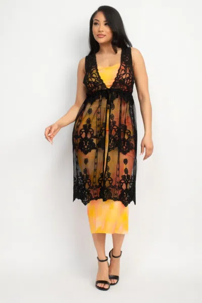 Fashnzfab Sheer Embroidered Lace Vest In Black