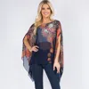 Fashnzfab Sheer Floral Print Flowing Asymmetrical Poncho In Blue