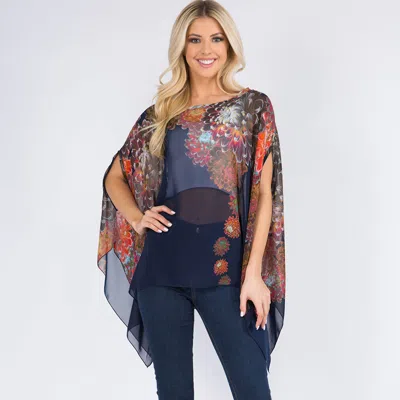 Fashnzfab Sheer Floral Print Flowing Asymmetrical Poncho In Blue