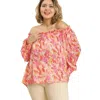 Fashnzfab Sheer Floral Print Metallic Threading Long Sleeve Off Shoulder Top With High Low Hem In Multi