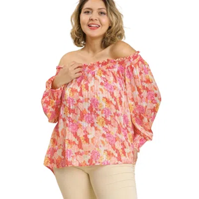 Fashnzfab Sheer Floral Print Metallic Threading Long Sleeve Off Shoulder Top With High Low Hem In Multi
