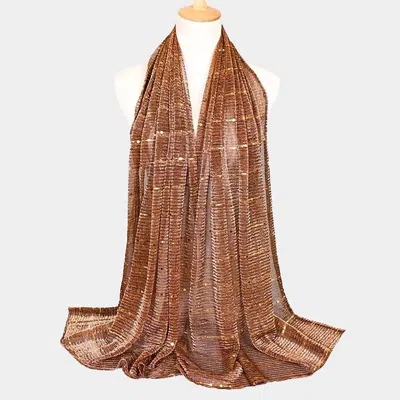 Fashnzfab Sheer Solid Color Sparkling Metallic Line Patterned Lightweight Scarf / Shawl In Brown