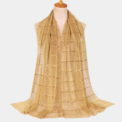 Fashnzfab Sheer Solid Color Sparkling Metallic Line Patterned Lightweight Scarf / Shawl In Gold