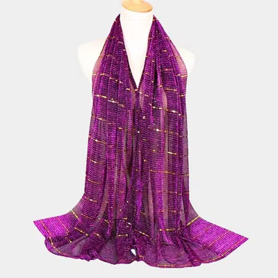 Fashnzfab Sheer Solid Color Sparkling Metallic Line Patterned Lightweight Scarf / Shawl In Purple